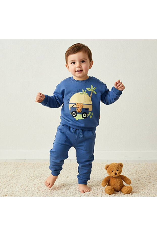 Boys Sweatshirt and Joggers Set with Animal Applique - Cotton - Long Sleeves - Crew Neck