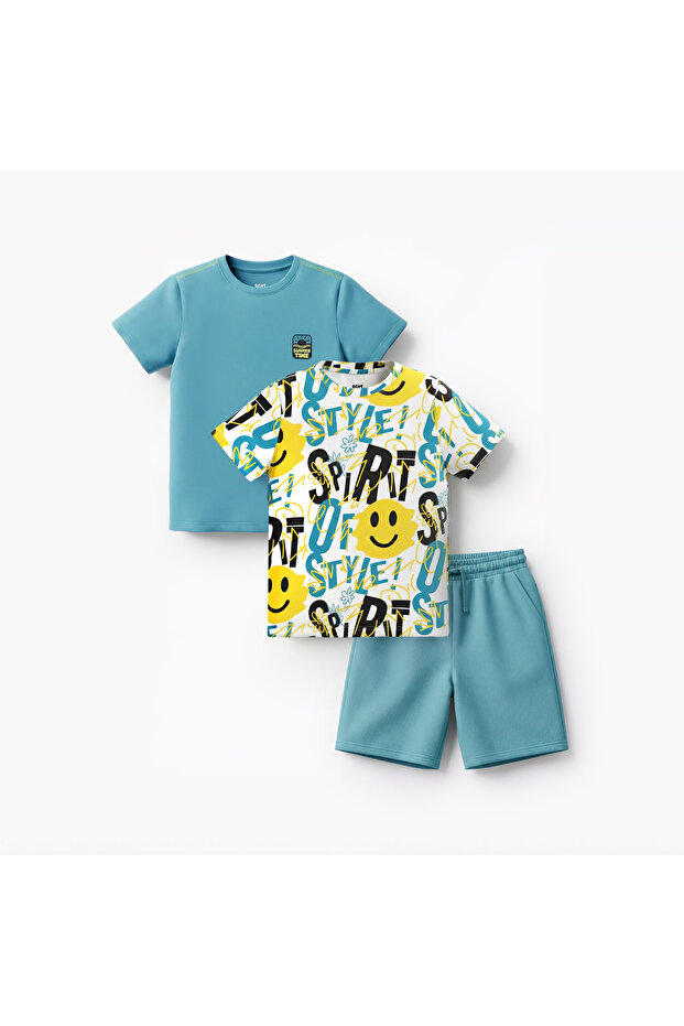 Set of 3 Crew Neck Short Sleeves T-shirts and Shorts Set with Graphic Print