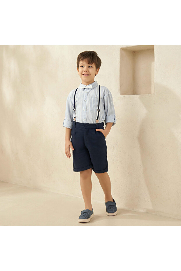 Collared Long Sleeves Suspender Shirt and Shorts Set with Stripe Embroidery