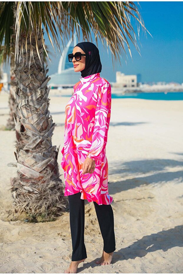 Patterned Fuchsia Full Covered Hijab Swimsuit - 4-Piece Set M2322