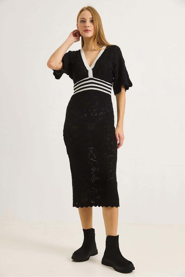 Women's Double Breasted Collar Backless Knitwear Dress Unlined Black