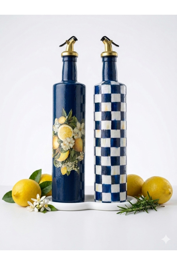 Large Size 2-Piece Glass Oil and Vinegar Set 750 ml - Handmade Lemon and Checkered Patterned Navy Blue Set