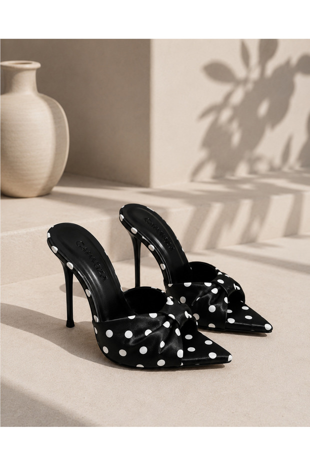 Bella Black Satin Polka Dot Heeled Slippers