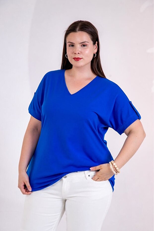 Women's Plus Size V-Neck Blouse with Sleeve Epaulettes