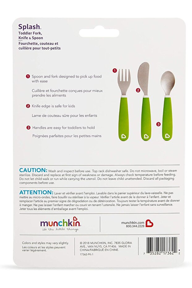 Splash Toddler Cutlery Set (Fork, Knife & Spoon), Green