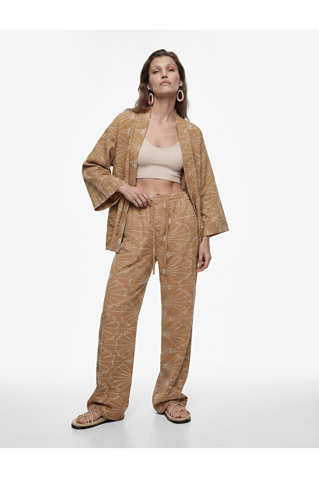 Ethnic Embroidery Detailed Wide-Legged Trousers with Belted Waist