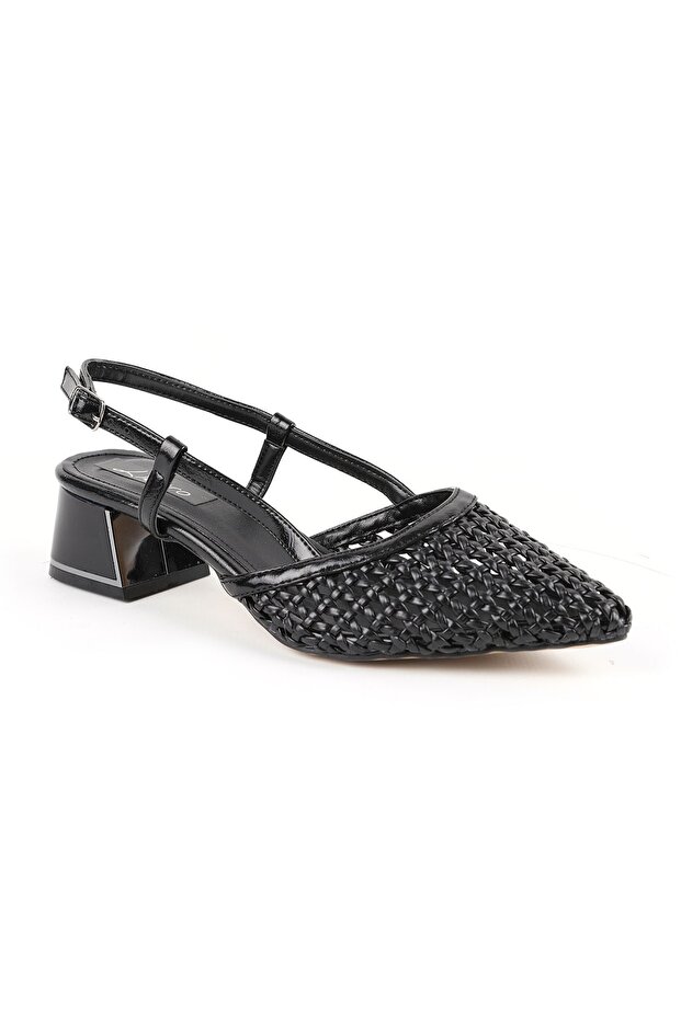 Women's Knitted Patterned Heeled Shoes Pointed Toe Short Thick Heel Slingback Stylish Jurdan Sole 085K1104