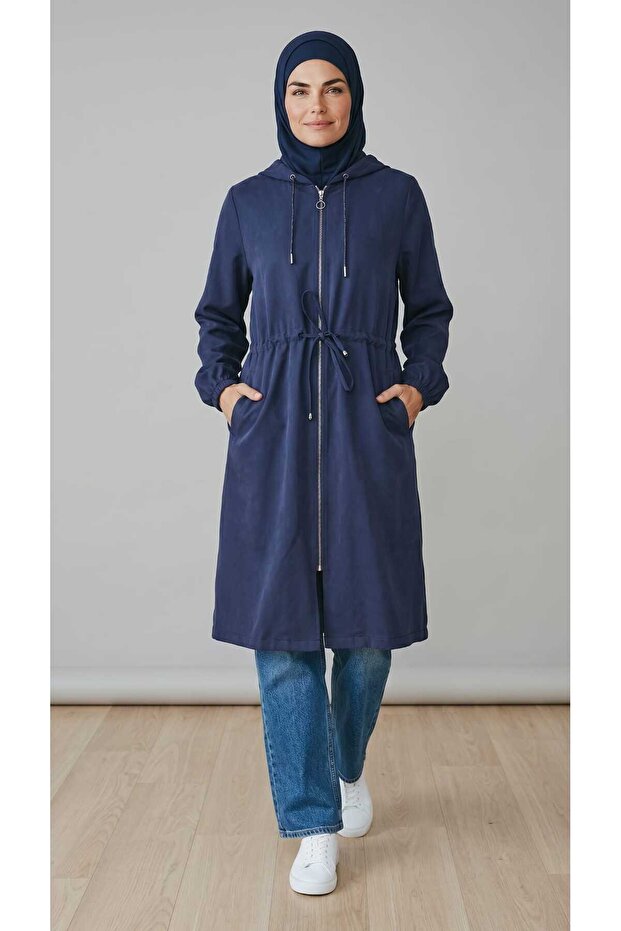 Women's Hooded Sports Cap with Front Zipper, Drawstring at Waist, and Elastic Sleeves.