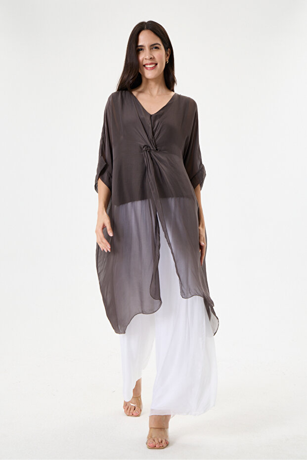 Brown Italian Special Design Front Slit Bat Sleeve Lined Silk Tunic Blouse 38 - 44 Size