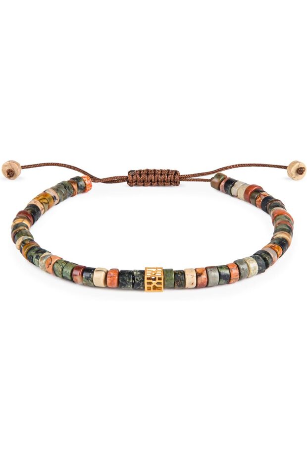 Bid Men’s Bracelet, 18K Gold Cube Bracelet, Moss Jasper Beaded Handmade Adjustable Jewelry