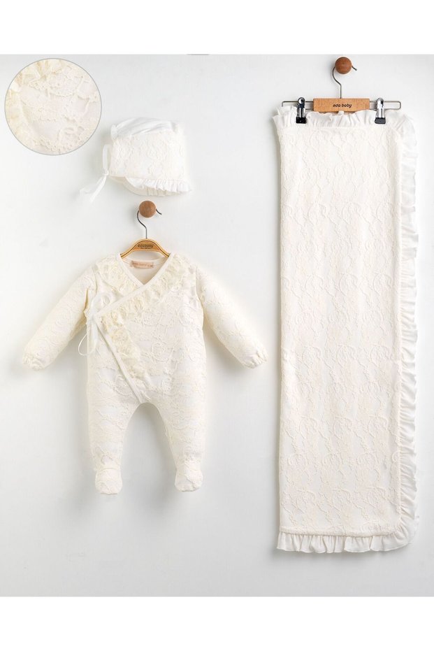 Luxury Lace 0-3 Months Newborn Baby Girl Lace Romper Hat Blanket Set
