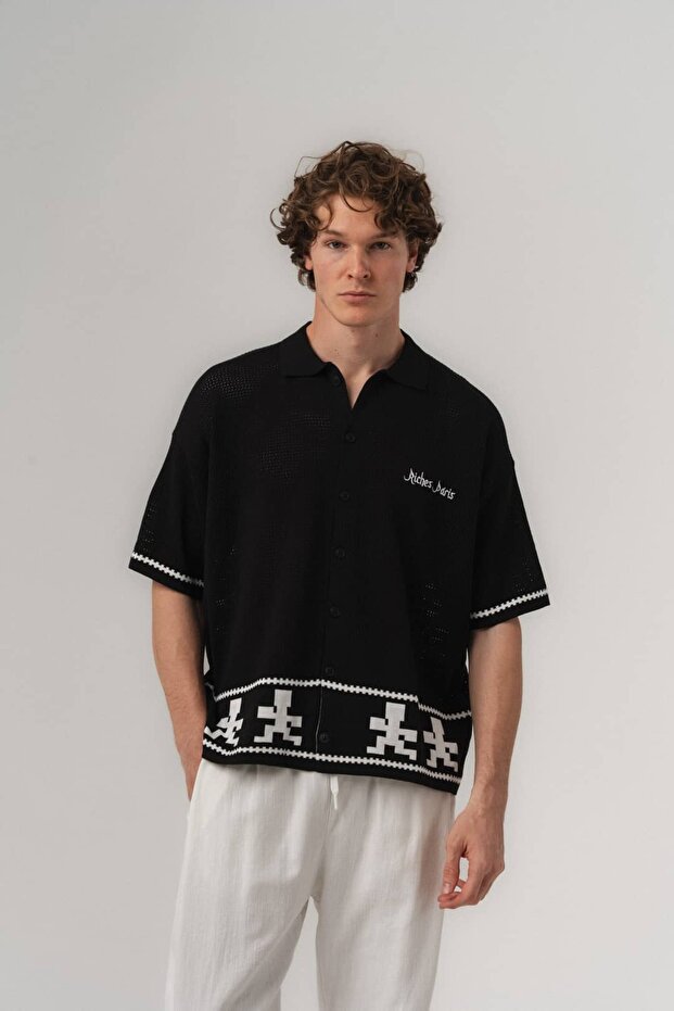 Axis Geometric Patterned Knitwear Oversize Short Sleeve Shirt