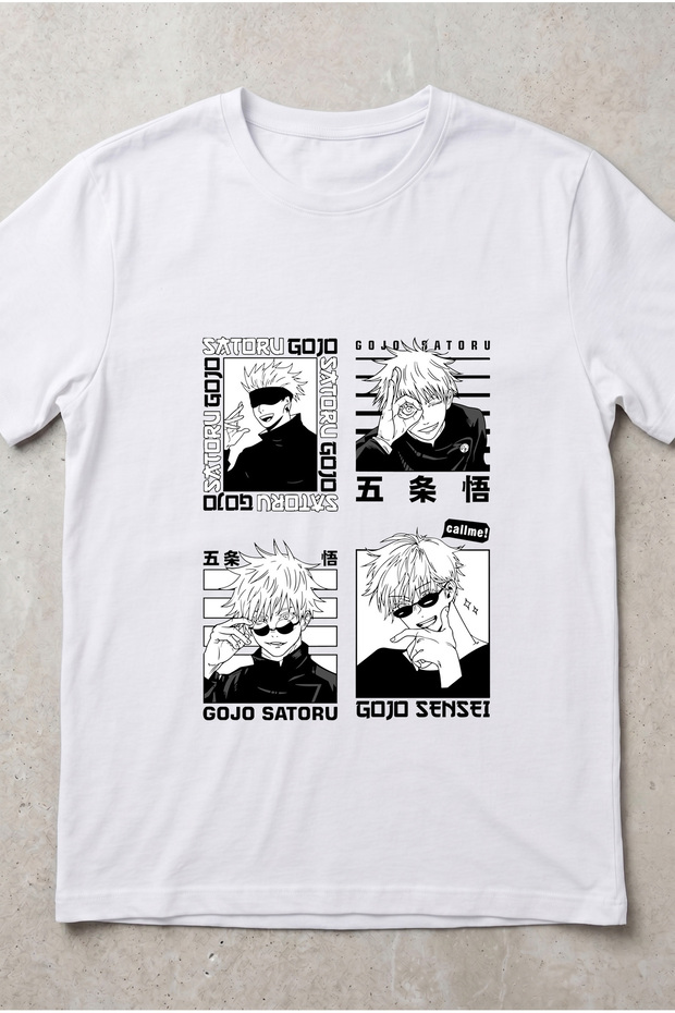 Unisex White Satoru Gojo Sensei Manga 4 Panel Jujutsu Kaisen Anime Printed Regular T-Shirt