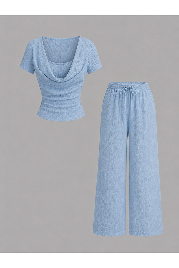 Baby Blue Shal Collar Short-Sleeved Crop Top and Wide-Leg Bottom Set