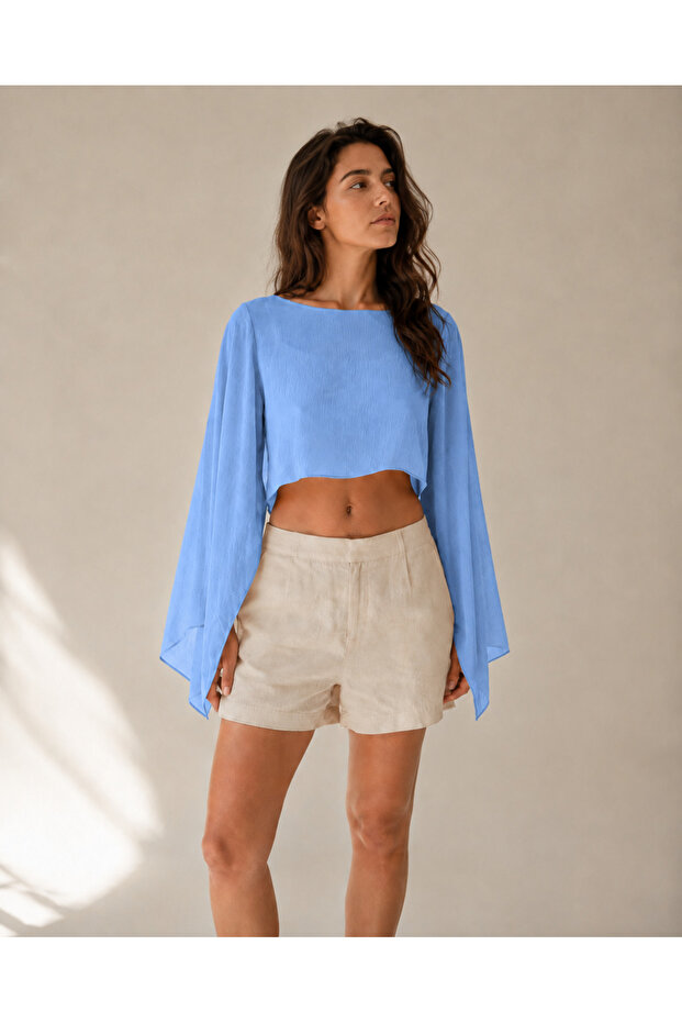 Linen Blend Bat Sleeve Cape Blouse