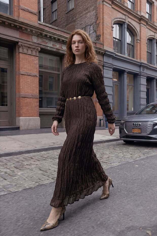 Fine tencel fabric long dress with drawstring textured belt detail