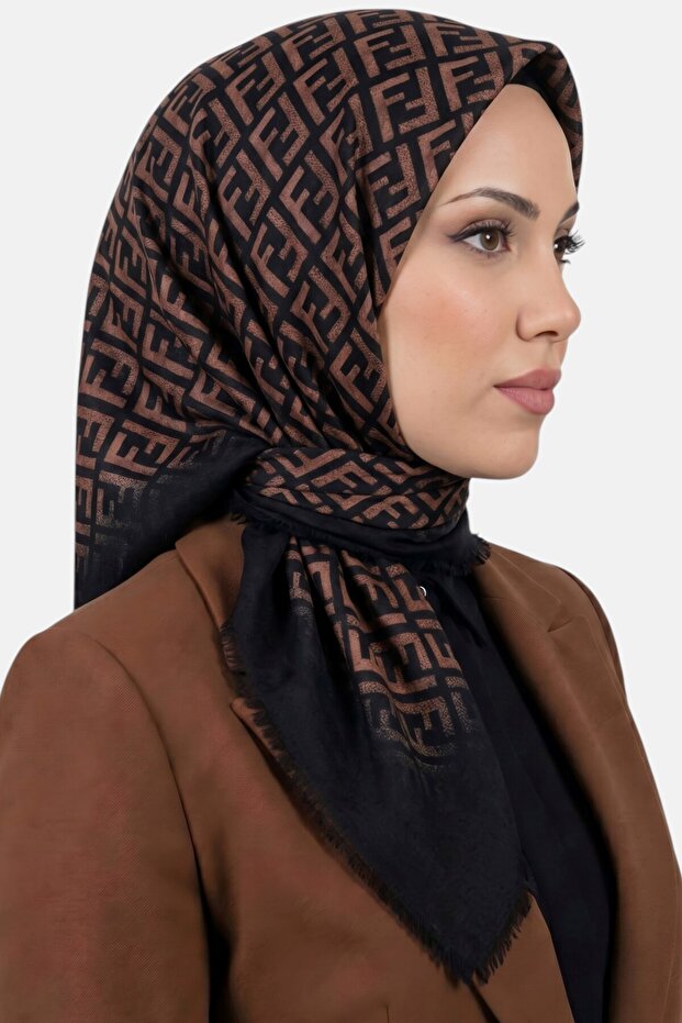 Women's Black Brown F Patterned Flared Scarf