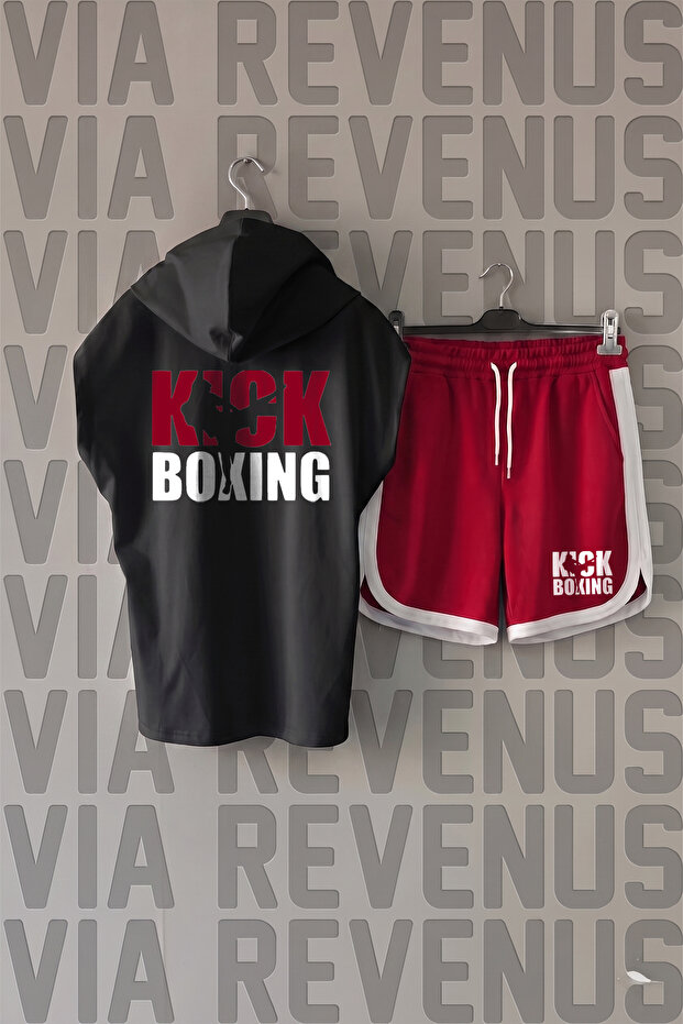 Kick Boxing Front and Back Printed Zero Sleeve Hooded Sports Tshirt and Custom Jersey Fabric Sports Shorts