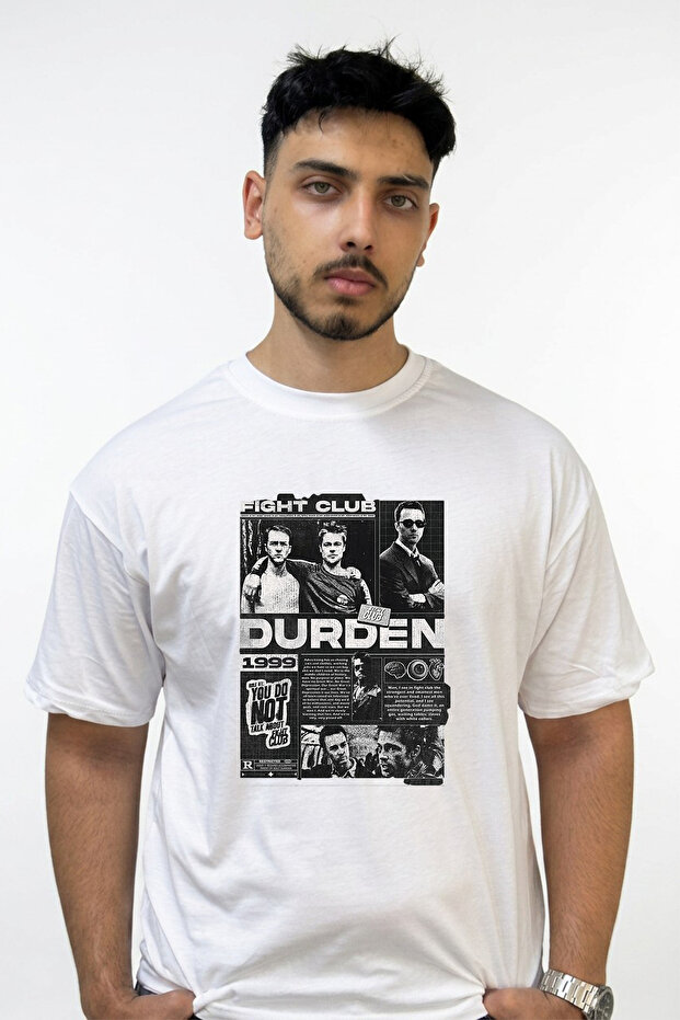 Fight Club Design Printed Oversize White T-Shirt