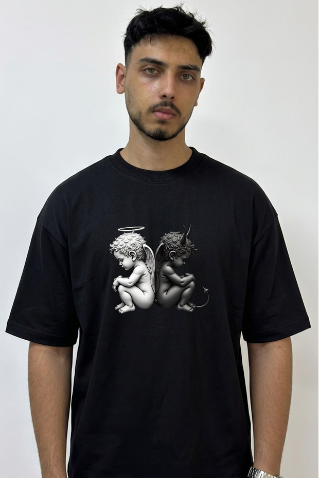 Angel Devil Design Printed Oversize Black T-Shirt