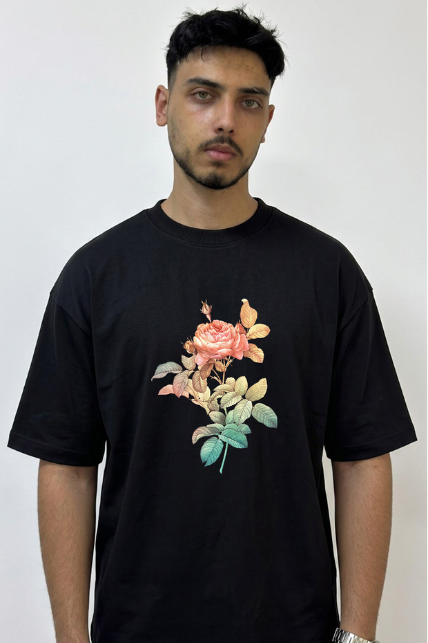 Botanical Rose_2 Design Printed Oversize Black T-Shirt