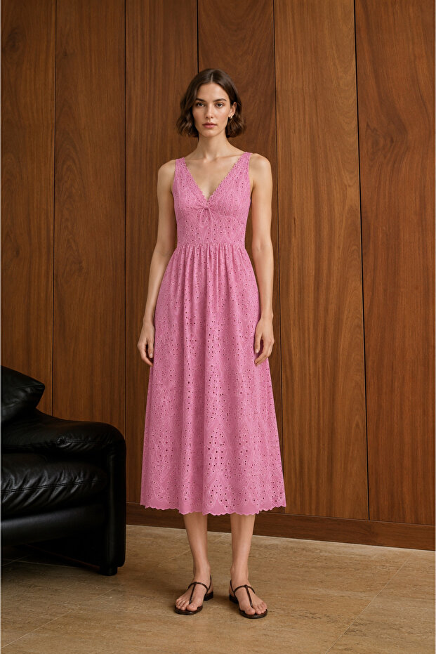 Imported Premium Brode Fabric V-Neck Lace Strap Long Scallop Dress with Back Zipper