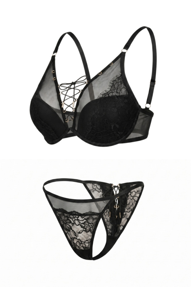 Vespera Lucien - Black, Lace and Lace-Embellished Bra and Panty Set