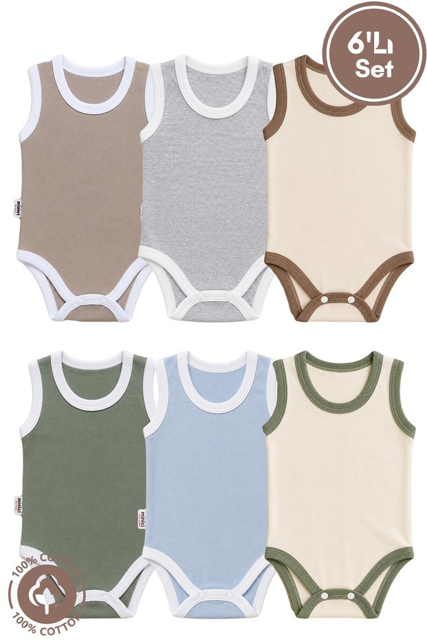 Unisex Baby 100% Cotton Piping Detailed 0-12 Months 6-Piece Sleeveless Baby Bodysuit Natural Series