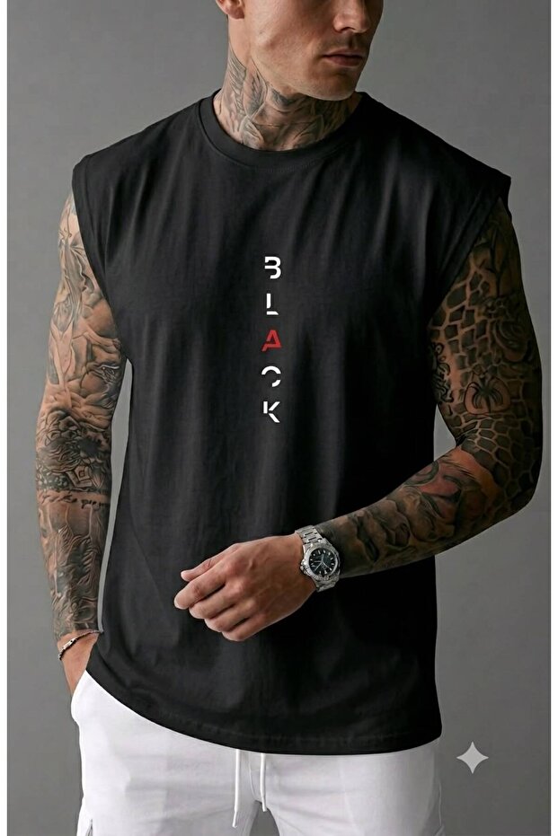 Black Printed Men's (Zero Sleeve) Sleeveless Athlete T-Shirt
