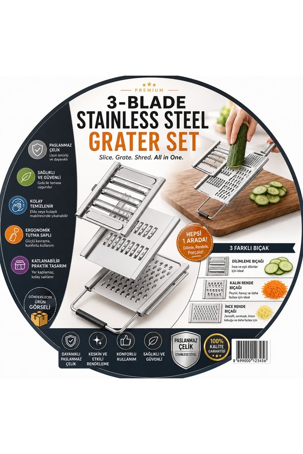 Stainless Steel 3-Blade Grater Set Replaceable Mandoline Slicer and Vegetable Chopper