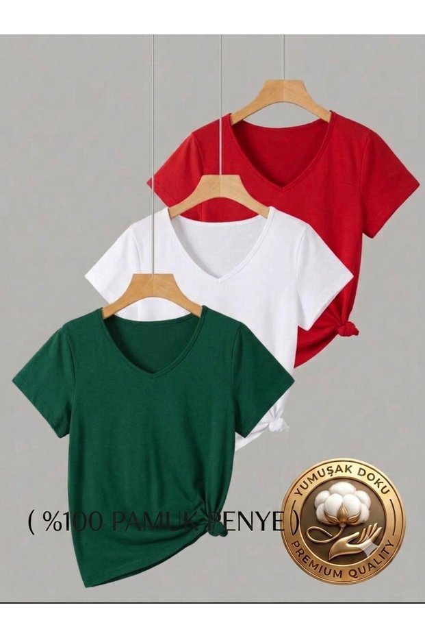 3 Pieces V-Neck Regular Fit Women's T-Shirt (100% Cotton)