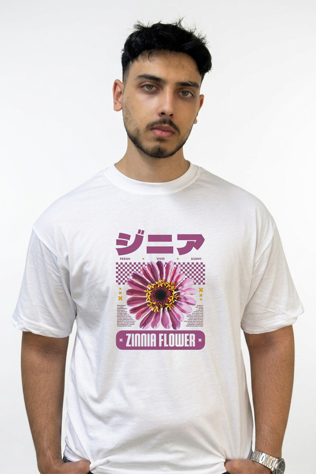 Zinnia Flower Design Printed Oversize White T-Shirt