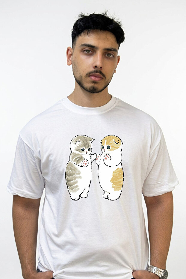 Cute Cats Design Printed Oversize White T-Shirt