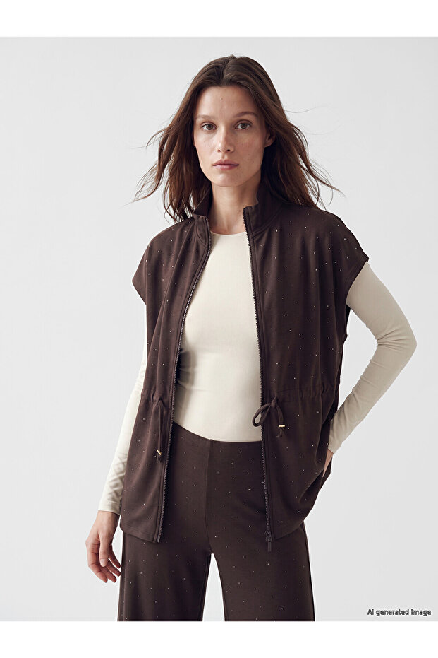 Nevavm Differently Designed Stand Collar Stoned Soft Touch Women's Vest