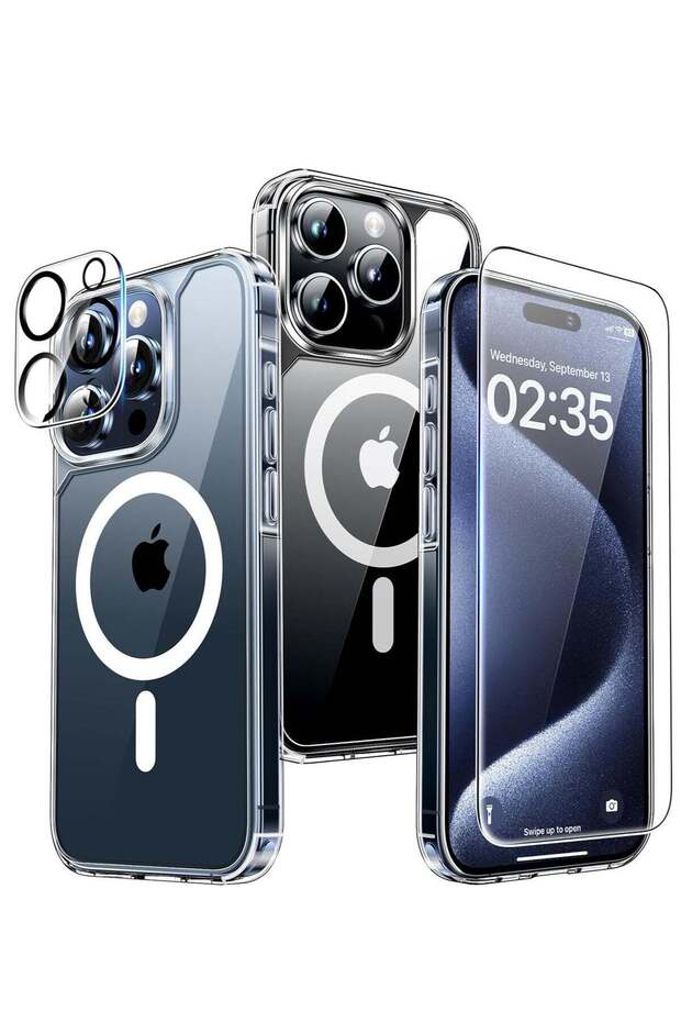 [5 in 1] Magnetic Case for iPhone 15 Pro Max [Military Grade Drop Protection], Transparent Slim Fit Designed for Magsafe Case-Clear