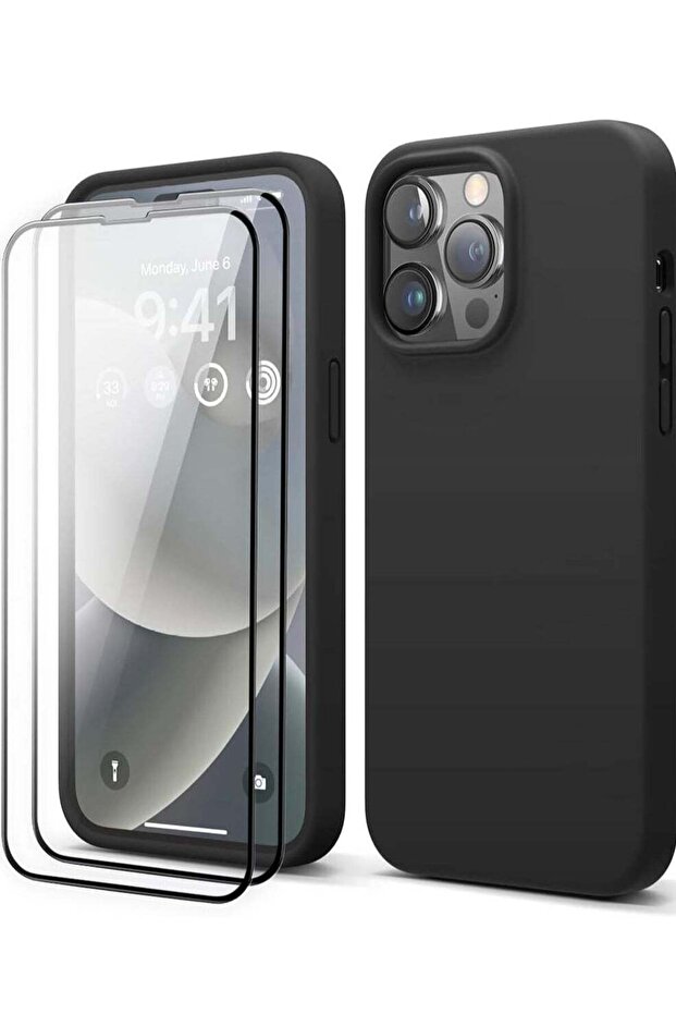 [3-in-1] iPhone 15 Case with 9H Tempered Glass Screen Protector – Premium Liquid Silicone Shockproof Cover, Slim Black Design