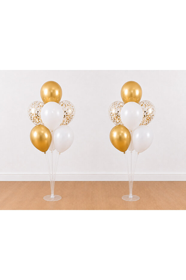 Transparent White Chrome Gold Gold Sequin 14 Balloons 7 Balloon Stand 2 Pieces
