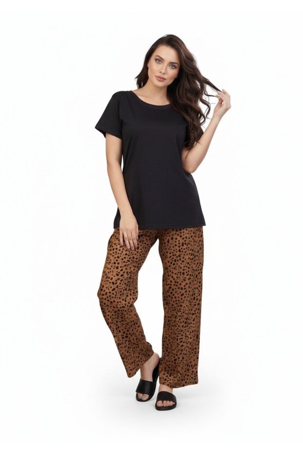 Black T-Shirt Brown Speckle Dot Print Pajamas Set | Loungewear | Rayon Comfort Nightwear