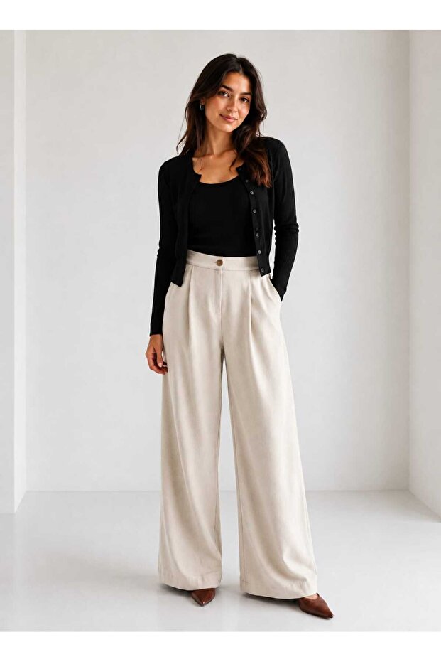 Women's Natural Linen Textured Wide-Leg Trousers with Pockets