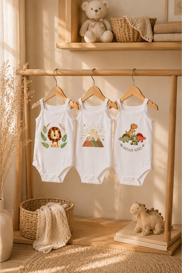 100% Cotton 3-Piece Baby Bodysuit Set with Straps – Lion, Mountain and Dinosaur Patterned Summer Baby Bodysuit Ecru