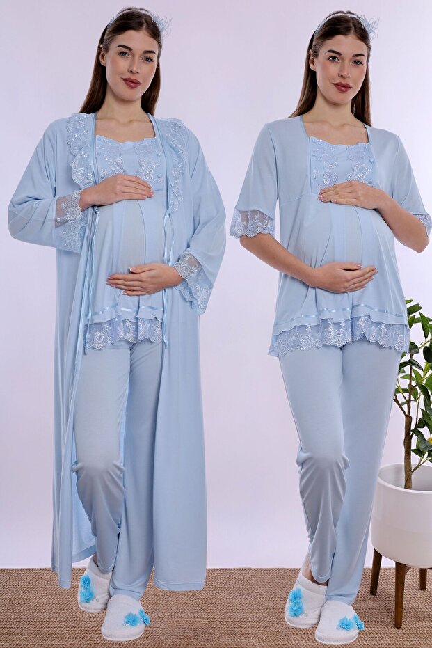 Cotton Long Robe Maternity Nursing Pajama Set Effortt - Blue