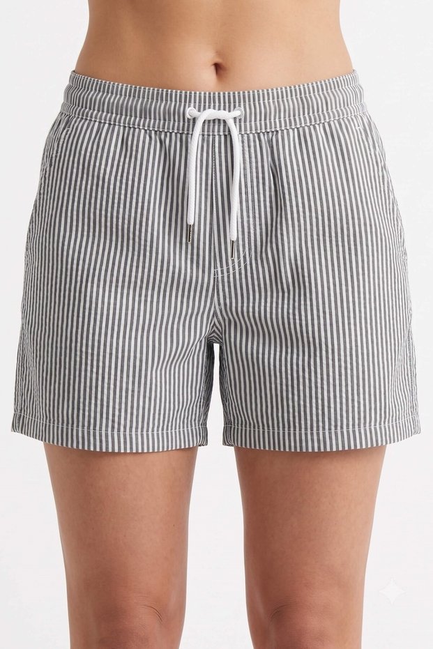 Women's Black and White Side Pocket Waterway Striped Cotton Shorts