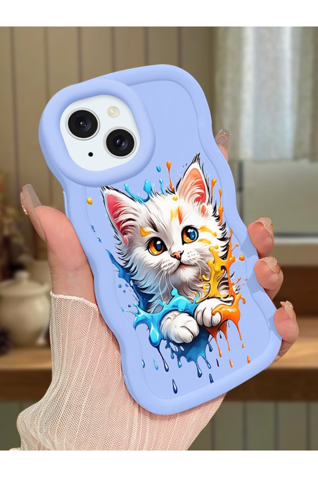 iPhone 14 Compatible Case Camera Protector Blue Silicone Couple Phone Case Cat Pattern