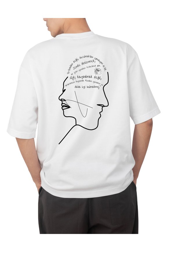 Surrealist Line Pattern Oversized White T-Shirt - Design Printed Unisex T-Shirt