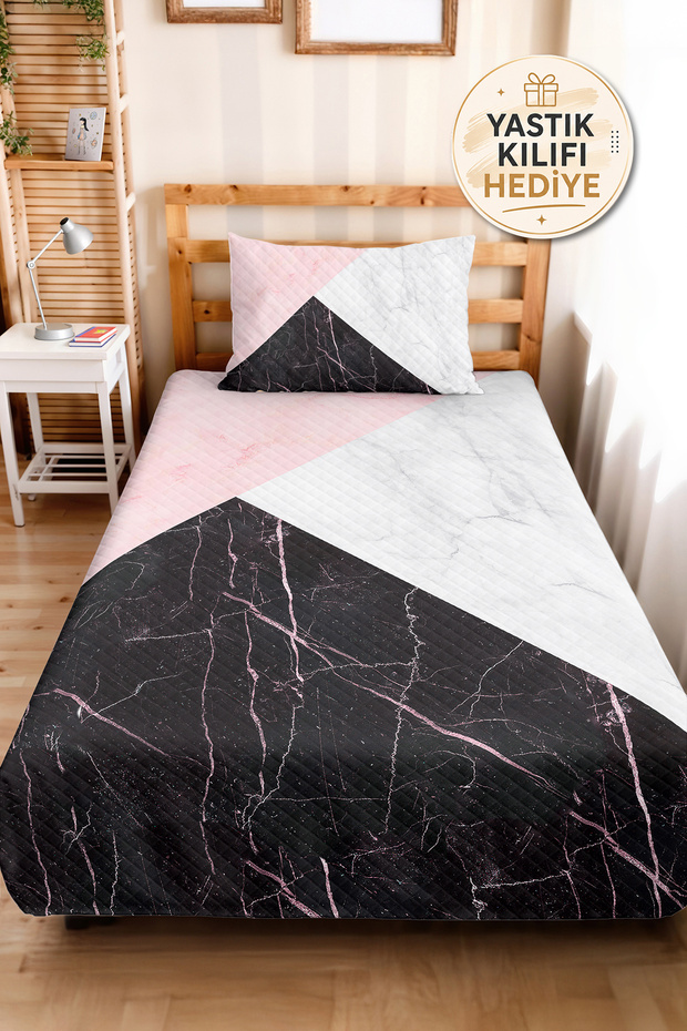 Geometric Black Young Room Single Pique Set - Pink Marble 160X220 cm Quilted Bedspread