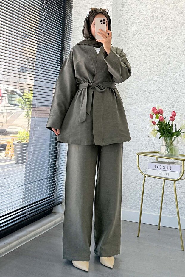 Premium Vessa Belt Detailed Linen Trousers Set - Khaki