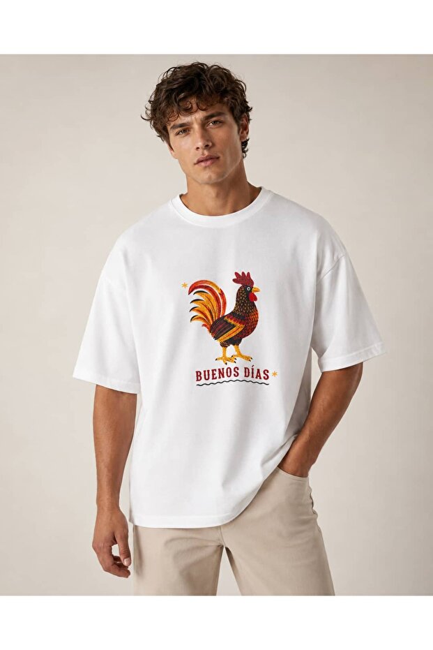 Men's White Oversize Retro Buenos Dias Rooster Printed 100% Cotton T-Shirt