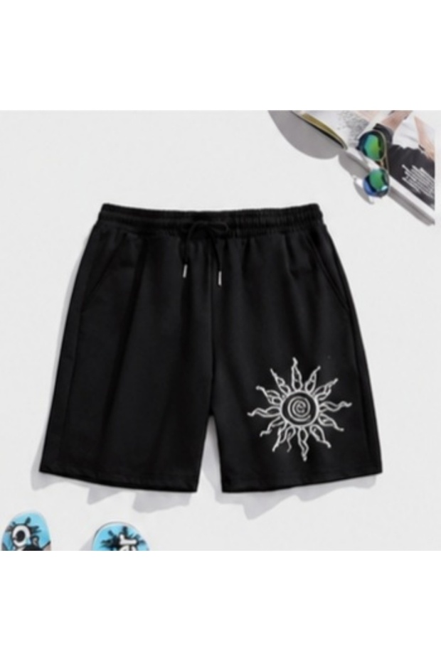Hanangiyim Black Shorts Printed Comfortable Fit Elastic Waist Daily Sports Summer