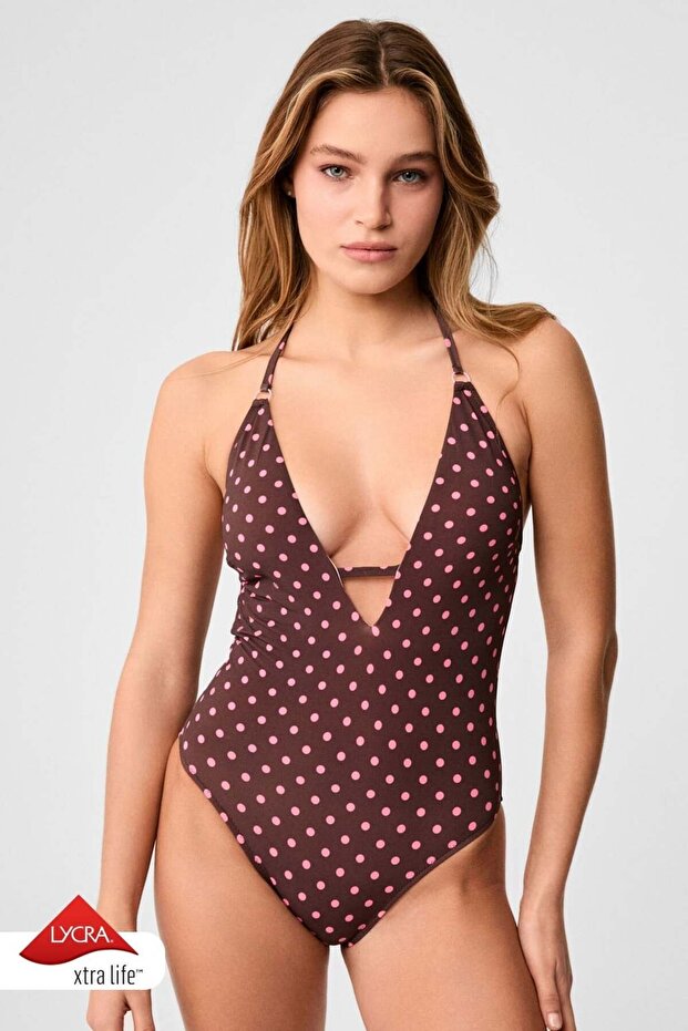 Toyka Puan Patterned V-Neck Swimsuit Brown
