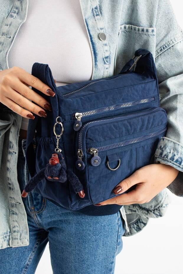 Multi-Compartment Crinkle Fabric Crossbody Shoulder Bag - Casual Bag with Mascot Keychain